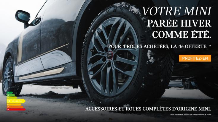 Affrontez l’hiver avec style et sécurité grâce aux Roues Complètes Hiver MINI. Jusqu’à la fin de l’année 2025, pour l’achat de 4 roues, la 4ᵉ est offerte*.  Rendez-vous en concession pour découvrir cette offre exclusive et préparer votre MINI à toutes les conditions de route.