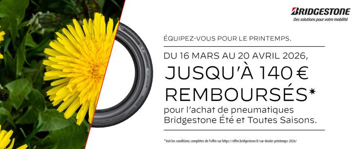 Jusqu’à 140€ remboursés* pour l’achat de pneumatiques Bridgestone été et toutes saisons.