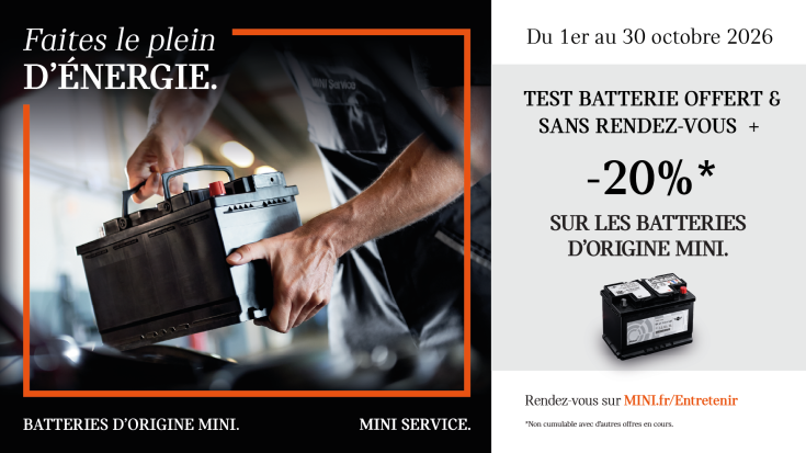 Test batterie offert et -20 % sur les Batteries d'Origine MINI à Chartres et Dreux